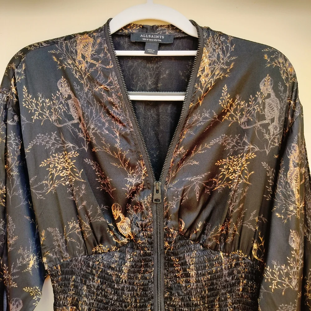 All Saints Niyah Yorick Dress Skeleton Tree Branch Design Silk Blend Halloween - Picture 5 of 13